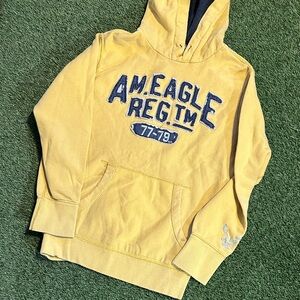 Vintage Y2K American Eagle Outfitters Yellow Hoodie with Blue Embroidered Logo
